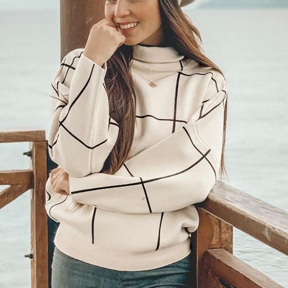 Chic Wish Drop Shoulder Wool Mock Neck Sweater Grid Turtleneck Windowpane - Picture 5 of 15